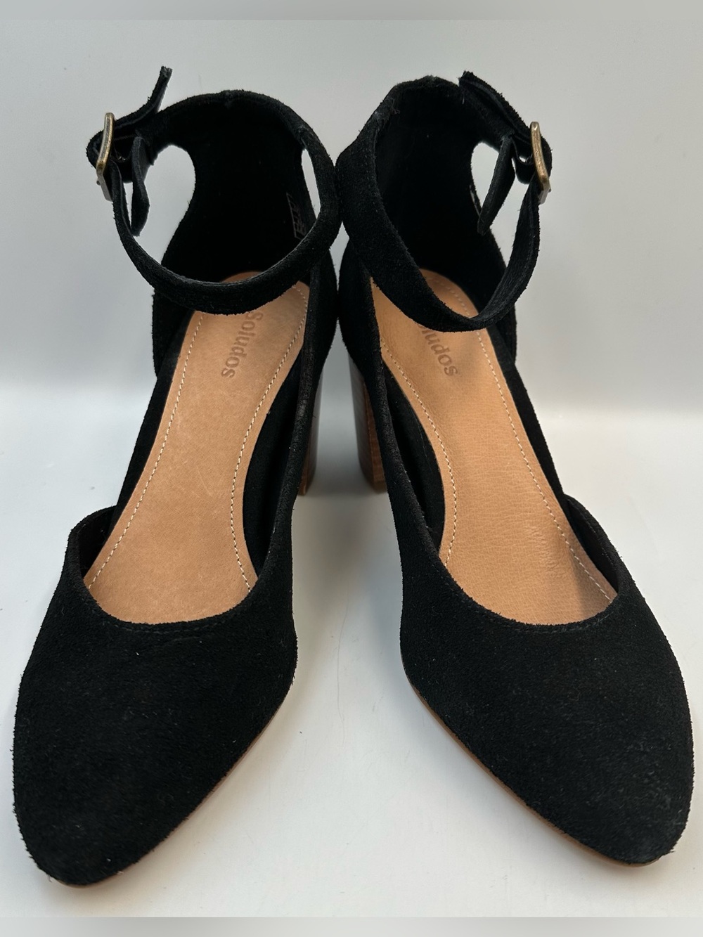 Soludos Gemma Black Suede Leather Pump Womens 5B Ankle Strap Buckle Pointed Toe